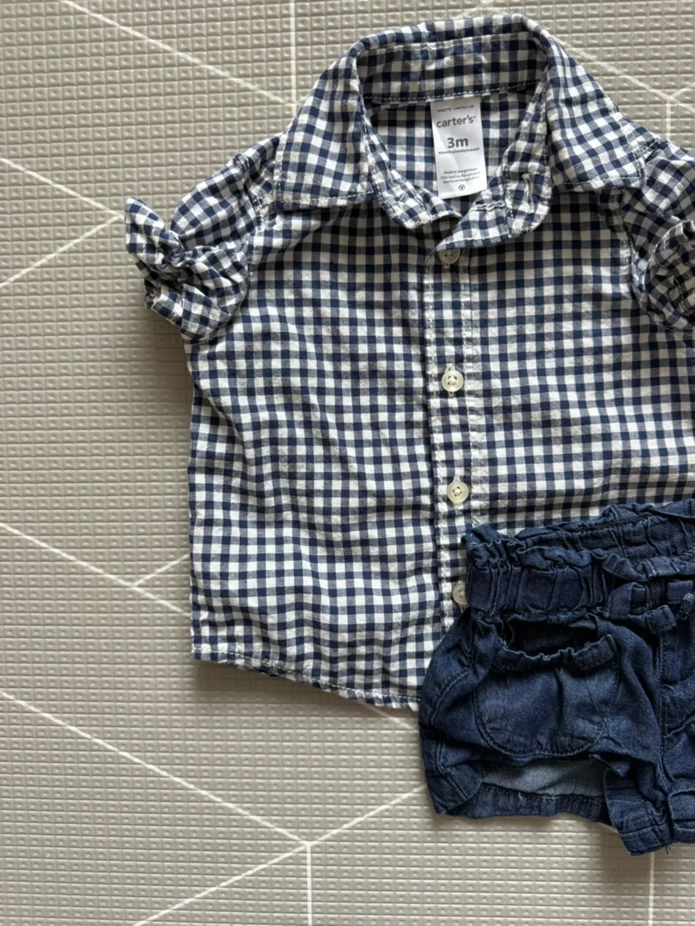 Carter's|Baby girl Navy & White Gingham Button-Up Shirt,short sleeve & shorts•••